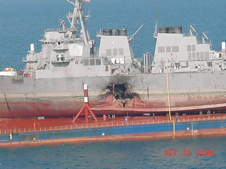 Extent of damage on USS Coles out of water