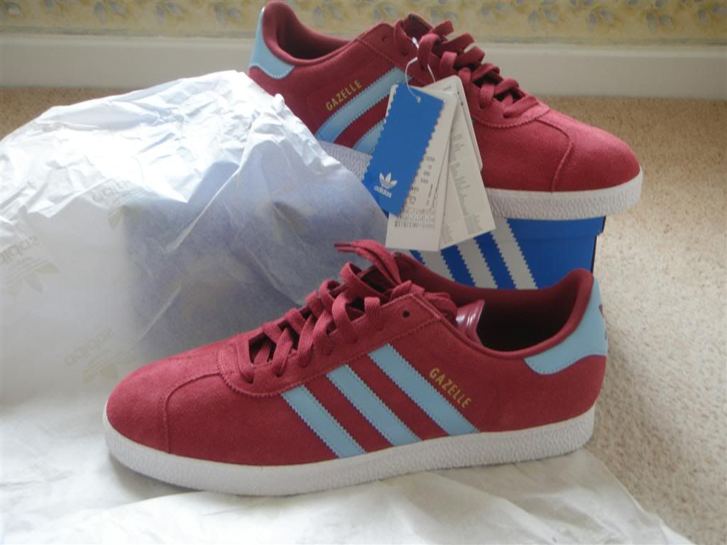 claret and sky blue adidas gazelles